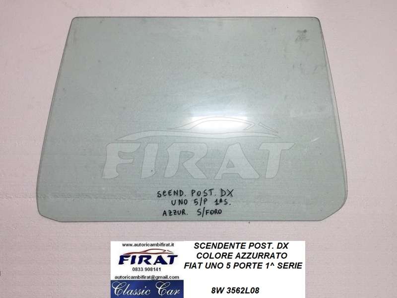VETRO SCENDENTE FIAT UNO 5 PORTE 1^ SERIE POST.DX AZZURRATO